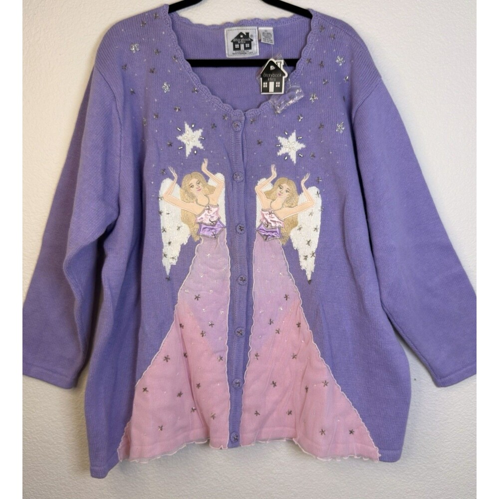 Storybook Knits 3X Twilight Angels Christmas Celestial Cardigan Purple Beaded